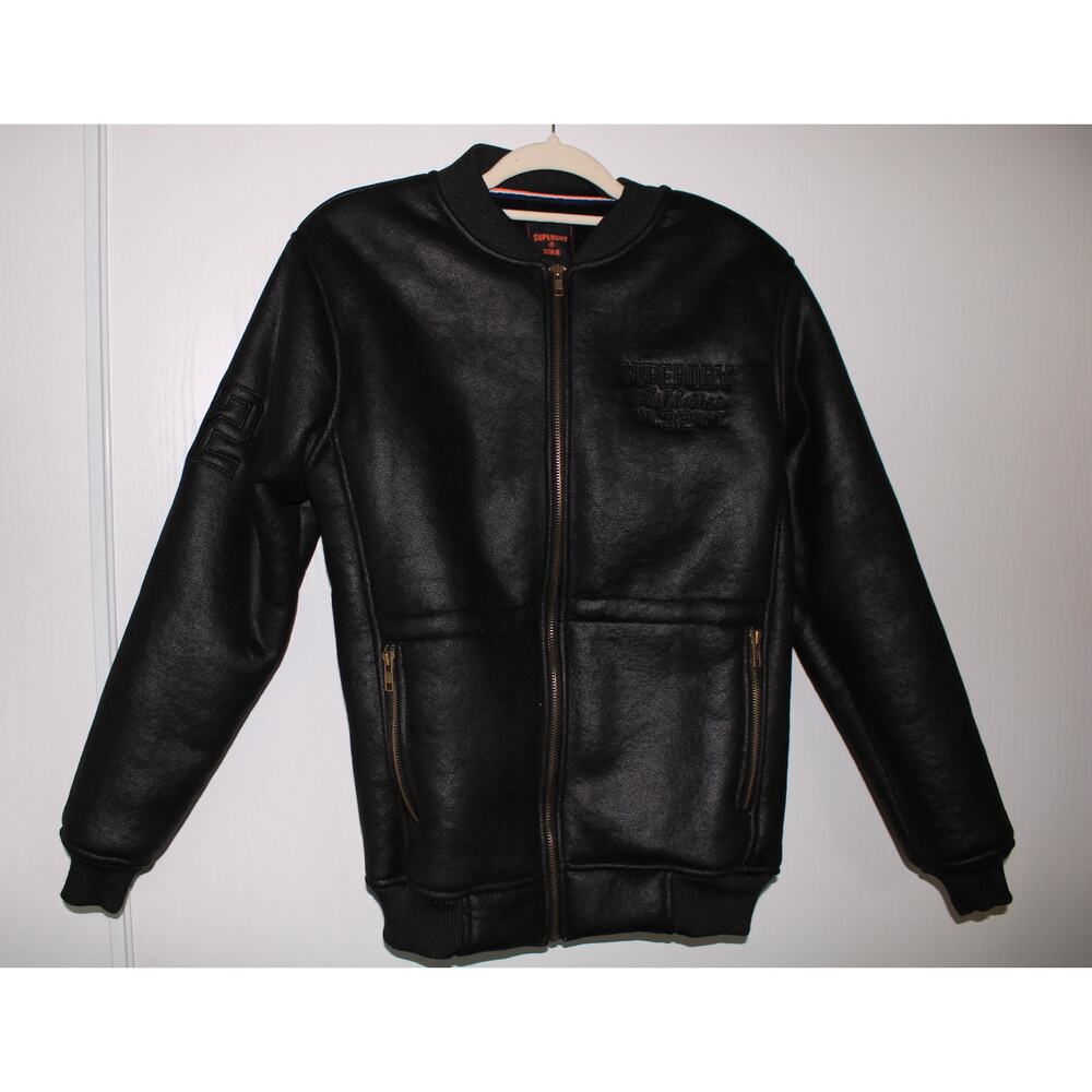 Super Dry Black Varsity Zip Up Heavy Duty Jacket With Embroidery Size M